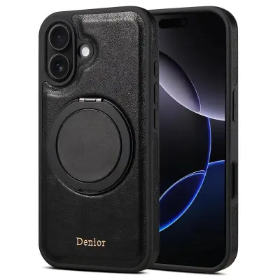 DENIOR iPhone 16 Plus Mobilskal Rotera Magnetisk Ställning Äkta Läder Svart