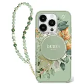 Guess iPhone 16 Plus Mobilskal MagSafe IML Flowers Med Pearl Strap - Grön