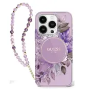 Guess iPhone 16 Plus Mobilskal MagSafe IML Flowers Med Pearl Strap - Lila