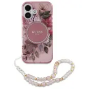 Guess iPhone 16 Plus Mobilskal MagSafe IML Flowers Med Pearl Strap - Rosa