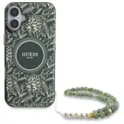 Guess iPhone 16 Plus Mobilskal MagSafe IML Flowers Med Strap - Grön