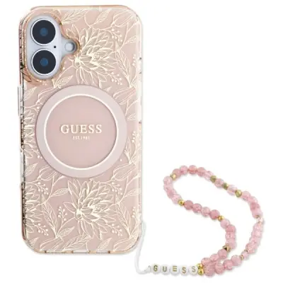 Guess iPhone 16 Plus Mobilskal MagSafe IML Flowers Med Strap - Rosa
