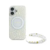 Guess iPhone 16 Plus Mobilskal MagSafe IML Flowers Med Strap - Vit