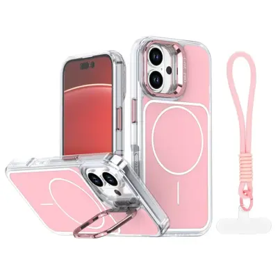 iPhone 16 Plus Mobilskal MagSafe Lens Kickstand med Handrem - Rosa (Rosa)