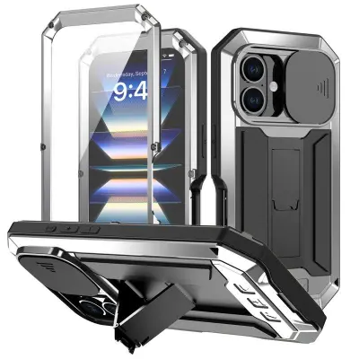 R-JUST iPhone 16 Plus Kickstand Mobilskal Silikon+Metal+PC Silver