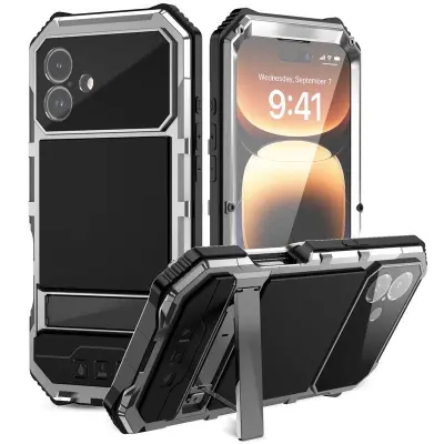 R-JUST iPhone 16 Plus Mobilskal PC+Silicone+Metal Ställ Silver