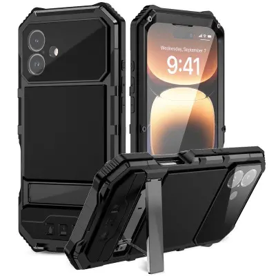 R-JUST iPhone 16 Plus Mobilskal PC+Silicone+Metal Ställ - Svart