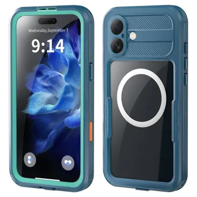 SHELLBOX iPhone 16 Plus Skal MagSafe Vattentålig Klar Cyan+Blå