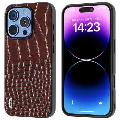 ABEEL iPhone 16 Pro Max Mobilskal Äkta Läder Krokodil Textur - Brun