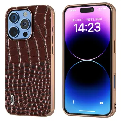 ABEEL iPhone 16 Pro Max Mobilskal Äkta Läder Krokodilmönster Brun