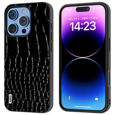 ABEEL iPhone 16 Pro Max Mobilskal Äkta Läder Krokodiltextur Svart