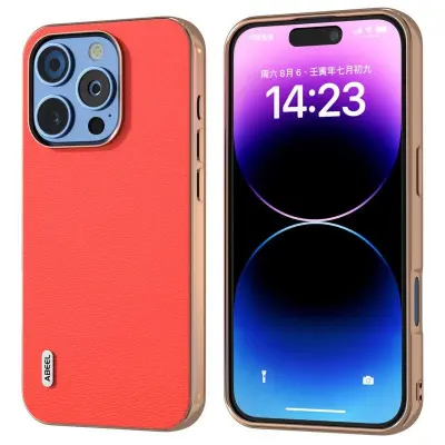 ABEEL iPhone 16 Pro Max Mobilskal Electropläterad Röd Äkta läder