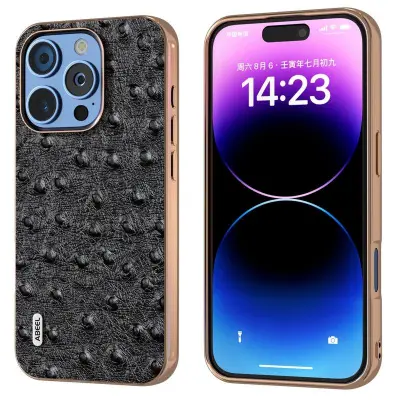 ABEEL iPhone 16 Pro Max Mobilskal Electroplating Äkta Läder Svart