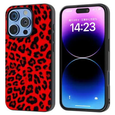 ABEEL iPhone 16 Pro Max Mobilskal Leopardmönster Röd PU+TPU