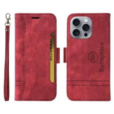 BETOPNICE 001 iPhone 16 Pro Max Plånboksfodral Konstläder - Röd