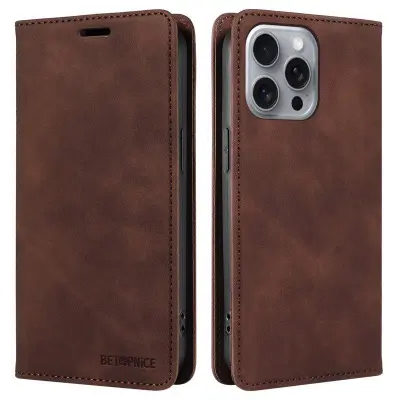 BETOPNICE 003 iPhone 16 Pro Max Plånboksfodral Konstläder - Brun