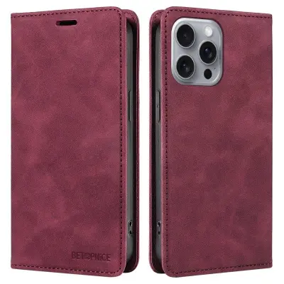 BETOPNICE 003 iPhone 16 Pro Max Plånboksfodral Konstläder - Röd