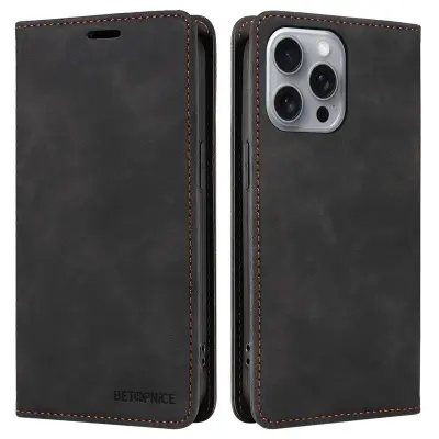 BETOPNICE 003 iPhone 16 Pro Max Plånboksfodral Konstläder - Svart