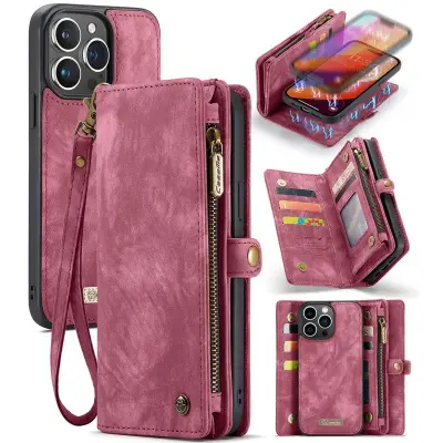 CASEME 008 iPhone 16 Pro Max Plånboksfodral Konstläder med Röd