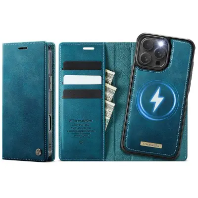 CASEME C49 iPhone 16 Pro Max Mobilskal MagSafe KonstLäder RFID-Skydd Blå