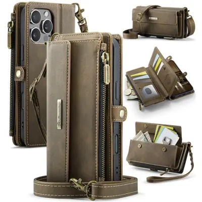 Caseme iPhone 16 Pro Max Plånboksfodral RFID Blocking Zipper - Brun