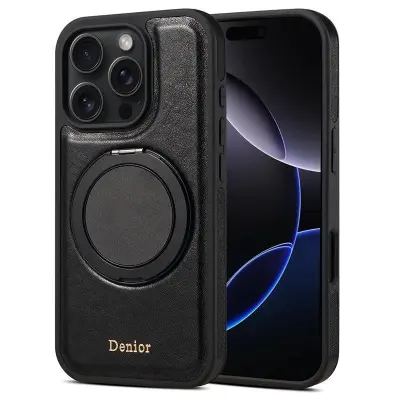 DENIOR iPhone 16 Pro Max Mobilskal Rotera Magnetisk Ställning Äkta Läder Svart