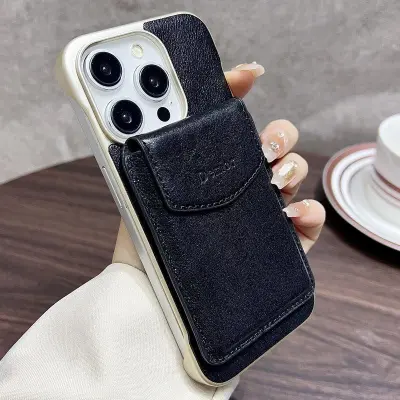 DENIOR iPhone 16 Pro Max Mobilskal Äkta Läder PC Ställ - Svart