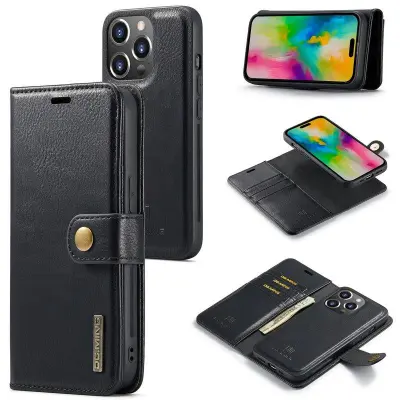 DG.MING iPhone 16 Pro Max Plånboksfodral Äkta Läder Avtagbart - Svart