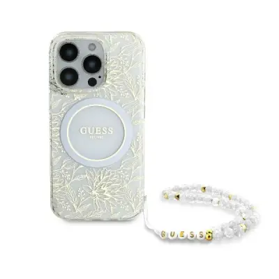 Guess iPhone 16 Pro Max Mobilskal MagSafe IML Flowers Med Strap - Vit