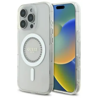 Guess iPhone 16 Pro Max Mobilskal MagSafe IML Rhinestones - Vit