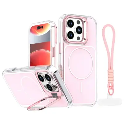 iPhone 16 Pro Max Mobilskal MagSafe Lens Kickstand med Handrem - Rosa (Rosa)