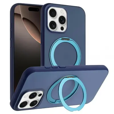 iPhone 16 Pro Max Mobilskal MagSafe Rotary Kickstand Skin Touch - Blå (Mörkblå)