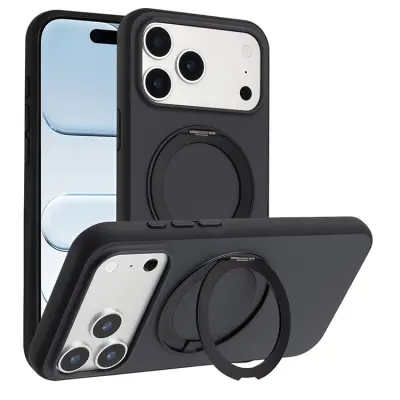 iPhone 16 Pro Max Mobilskal MagSafe Rotary Kickstand Skin Touch (Svart)