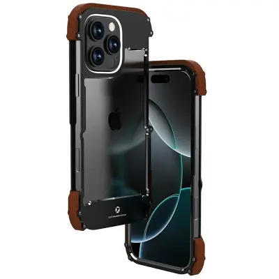 R-JUST iPhone 16 Pro Max Bumper Case Aluminium + Rödwood Röd