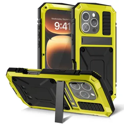 R-JUST iPhone 16 Pro Max Mobilskal PC+Silicone+Metal Kickstand Gul