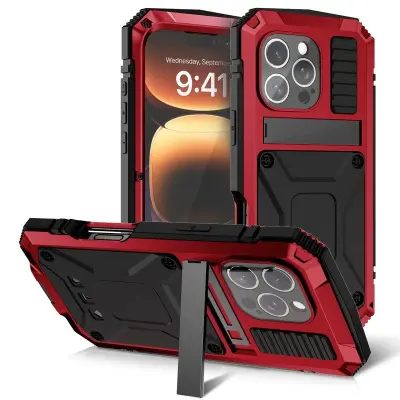 R-JUST iPhone 16 Pro Max Mobilskal PC+Silicone+Metal Kickstand Röd