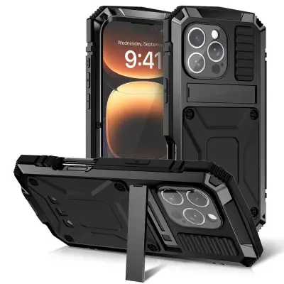 R-JUST iPhone 16 Pro Max Mobilskal PC+Silicone+Metal Kickstand Svart