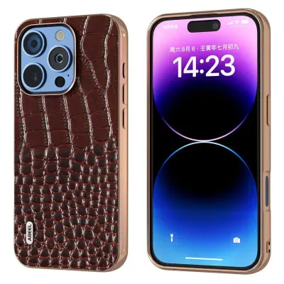ABEEL iPhone 16 Pro Mobilskal Äkta Läder Krokodil Textur - Brun