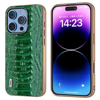ABEEL iPhone 16 Pro Plånboksfodral Electroplating Grön Äkta Läder