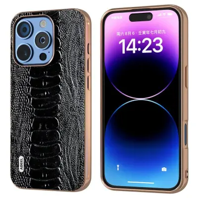 ABEEL iPhone 16 Pro Plånboksfodral Elektropläterad Äkta Läder Svart