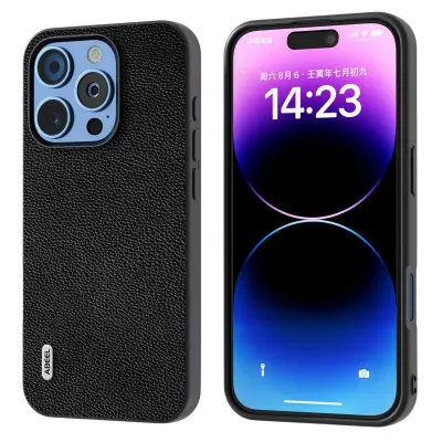 ABEEL iPhone 16 Pro Mobilskal Litchi Textur Äkta Läder Svart