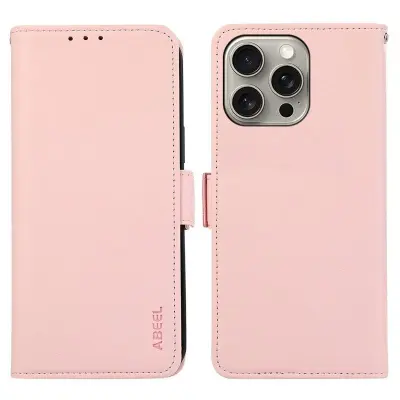 ABEEL iPhone 16 Pro Plånboksfodral Konstläder RFID-Skydd Magnetlås - Rosa