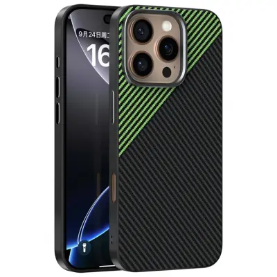 ABEEL iPhone 16 Pro Mobilskal MagSafe Carbon Fiber Texture (Svart/Grön)