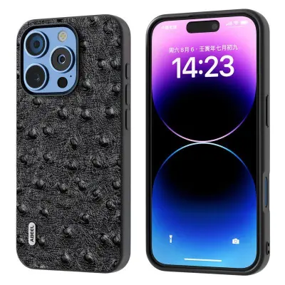ABEEL iPhone 16 Pro Mobilskal Äkta Läder Ostrich Textur Svart