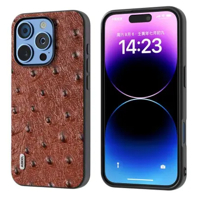 ABEEL iPhone 16 Pro Skal Ostrich Textur Äkta Läder - Kaffe