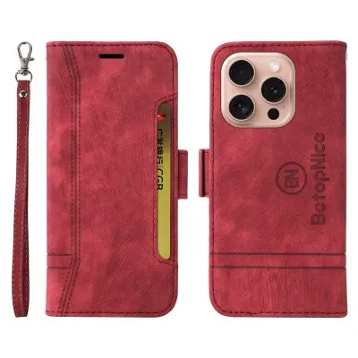 BETOPNICE 001 iPhone 16 Pro Plånboksfodral Konstläder - Röd