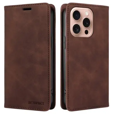 BETOPNICE 003 iPhone 16 Pro Plånboksfodral Konstläder - Brun