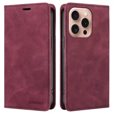 BETOPNICE 003 iPhone 16 Pro Plånboksfodral Konstläder - Röd
