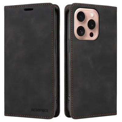 BETOPNICE 003 iPhone 16 Pro Plånboksfodral Konstläder - Svart