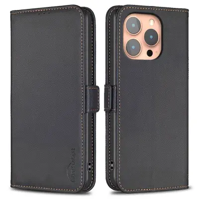 BINFEN COLOR BF31 iPhone 16 Pro Plånboksfodral Konstläder - Svart